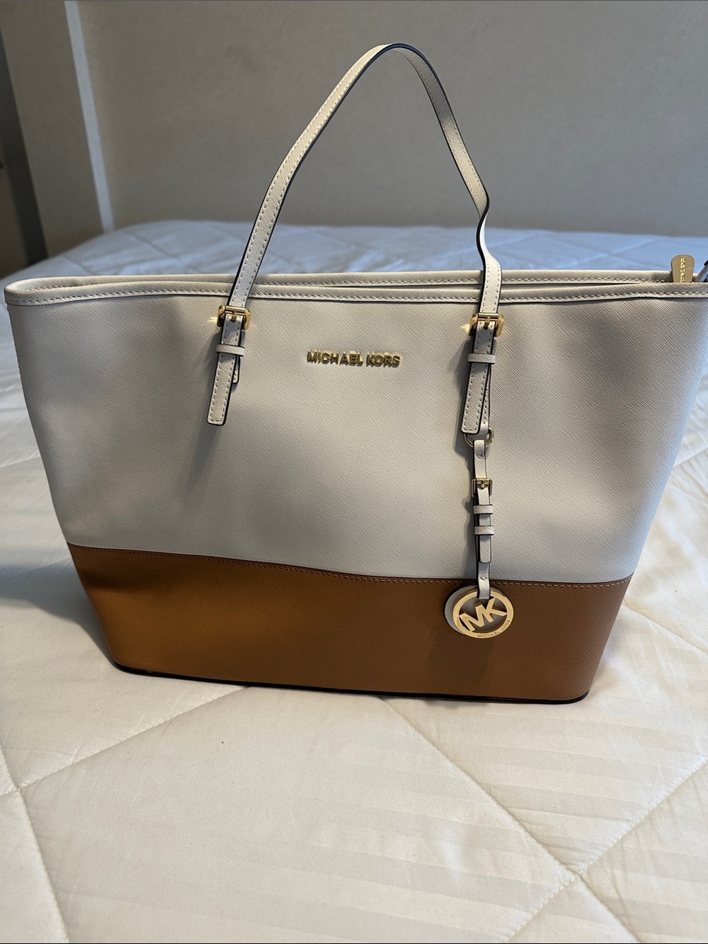 Michael Kors White and Brown Colorblock Tote with Gold Hardware for your summer
